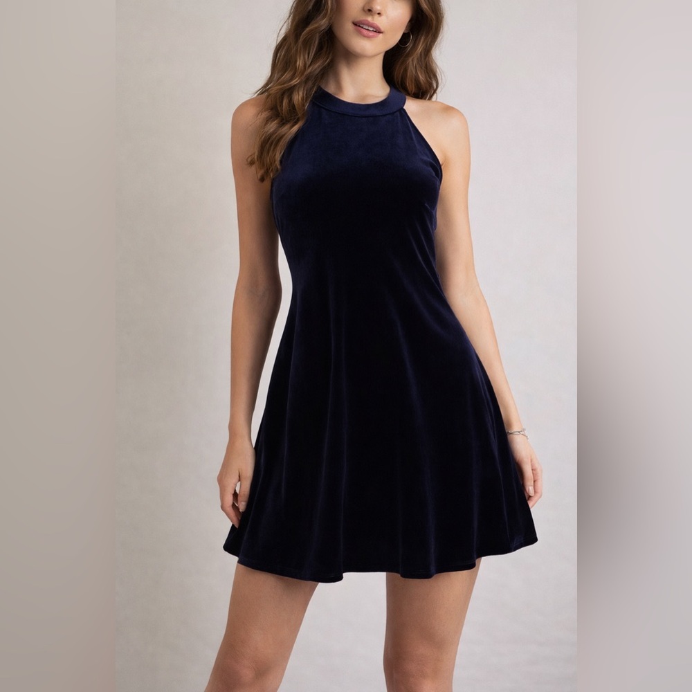 Vintage Betsey Johnson Navy Velvet Halter Mini‎ Dress Size 6 Y2K Party Swing